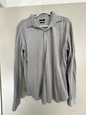 Boss Men's Light Gray Button-Down Shirt with Navy Dot Pattern